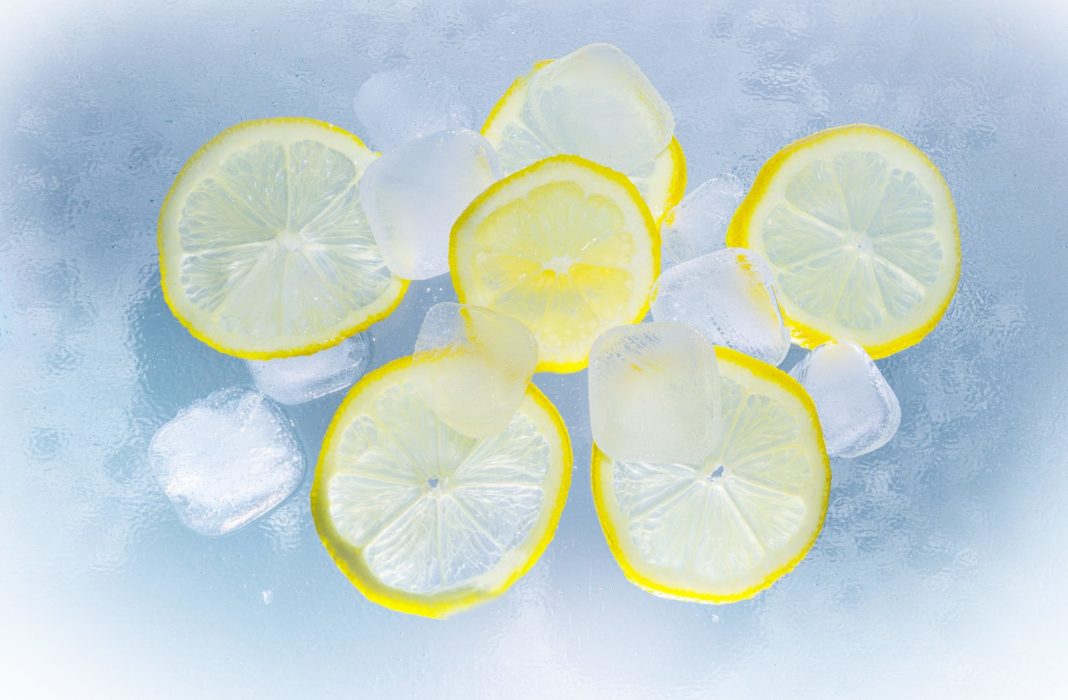 Lemon slices in ice; ice cube trays