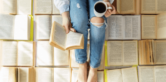 woman reading book with coffee; book club 2022